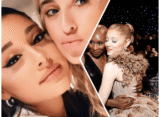 A collage image showing Ariana Grande. On the left, she is close with Alexa Luria in a selfie. On the right, she is embracing her Wicked co-star Cynthia Erivo at a formal event.