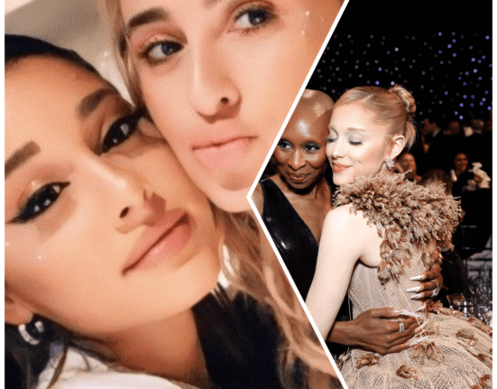 A collage image showing Ariana Grande. On the left, she is close with Alexa Luria in a selfie. On the right, she is embracing her Wicked co-star Cynthia Erivo at a formal event.