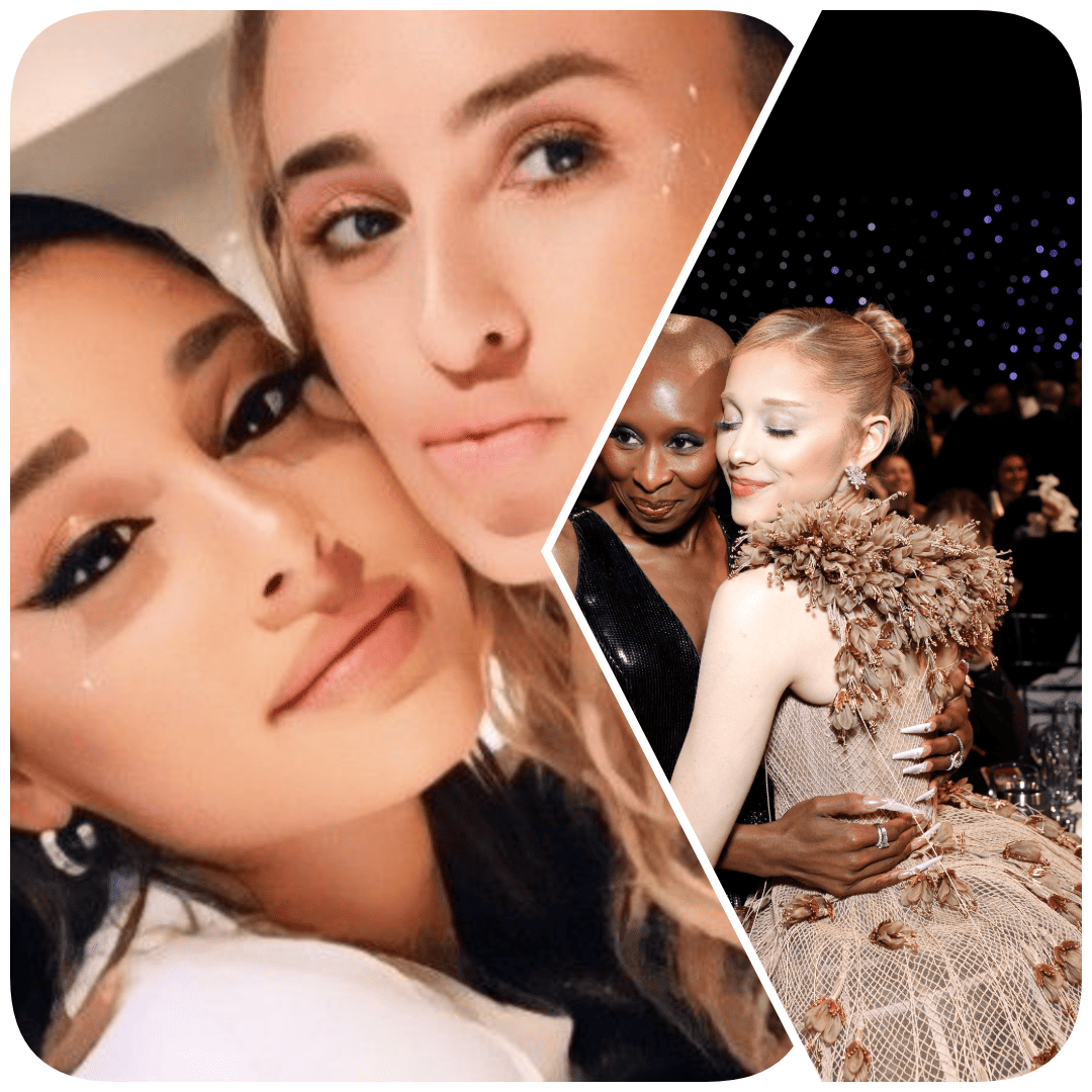 A collage image showing Ariana Grande. On the left, she is close with Alexa Luria in a selfie. On the right, she is embracing her Wicked co-star Cynthia Erivo at a formal event.